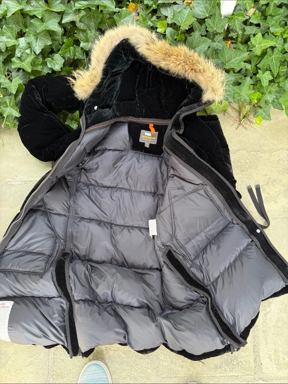 Parajumpers Warm Velvet Down Black Hooded Puffer Coat with Fur Trim